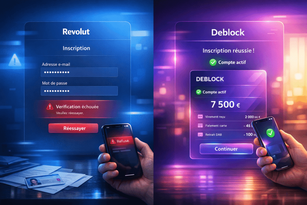 inscription Deblock vs Revolut comparaison ouverture compte refus vs validation