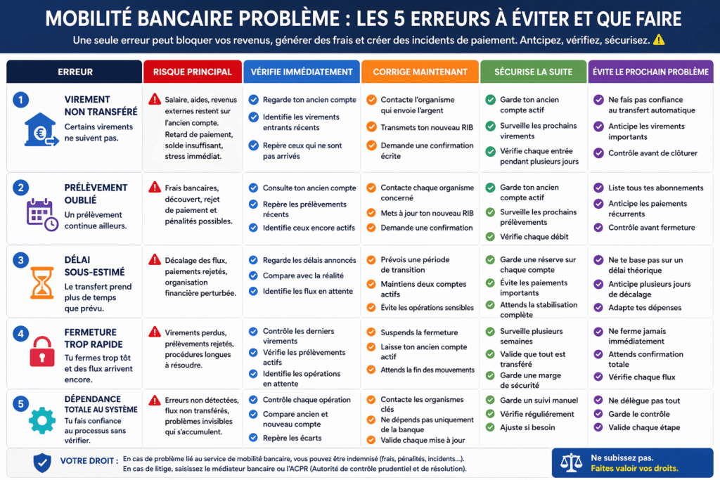 mobilité bancaire problème tableau 5 erreurs transfert compte bancaire solutions
