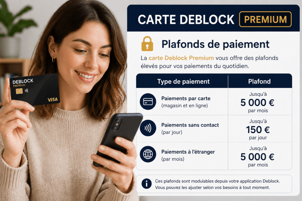 Carte Deblock Premium plafond paiement avec cliente utilisant sa carte bancaire premium et vérifiant ses plafonds depuis son téléphone