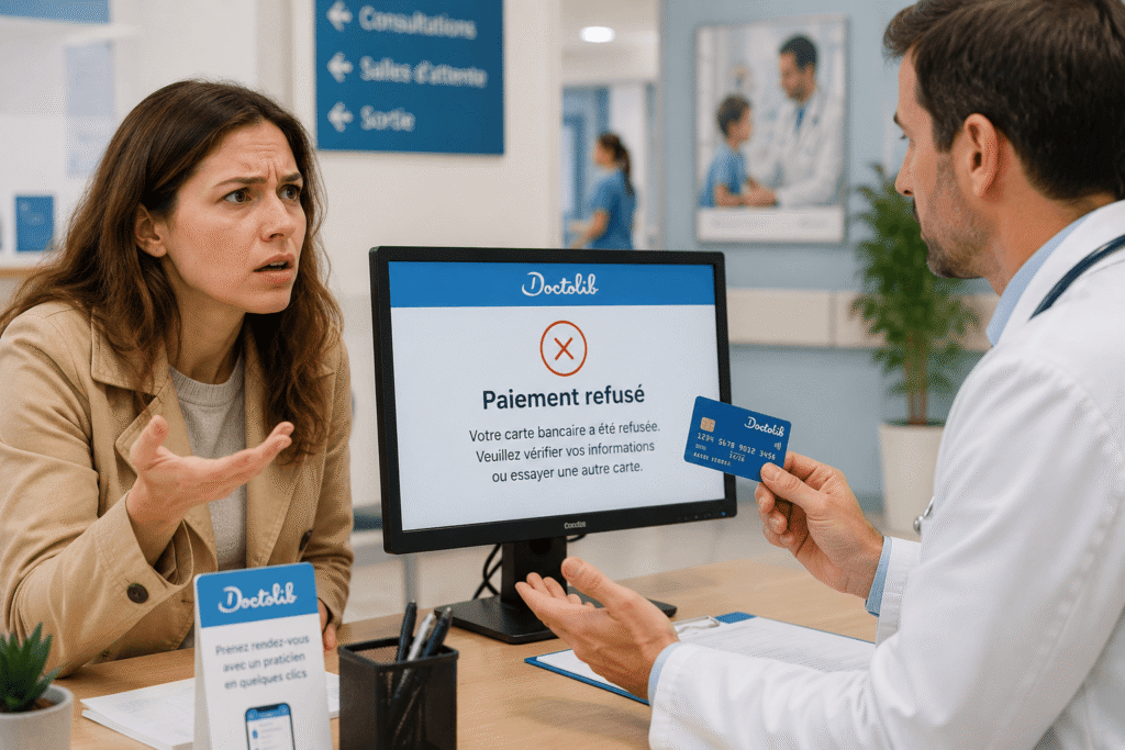carte refusée doctolib​pendant une consultation médicale avec patiente mécontente face au médecin