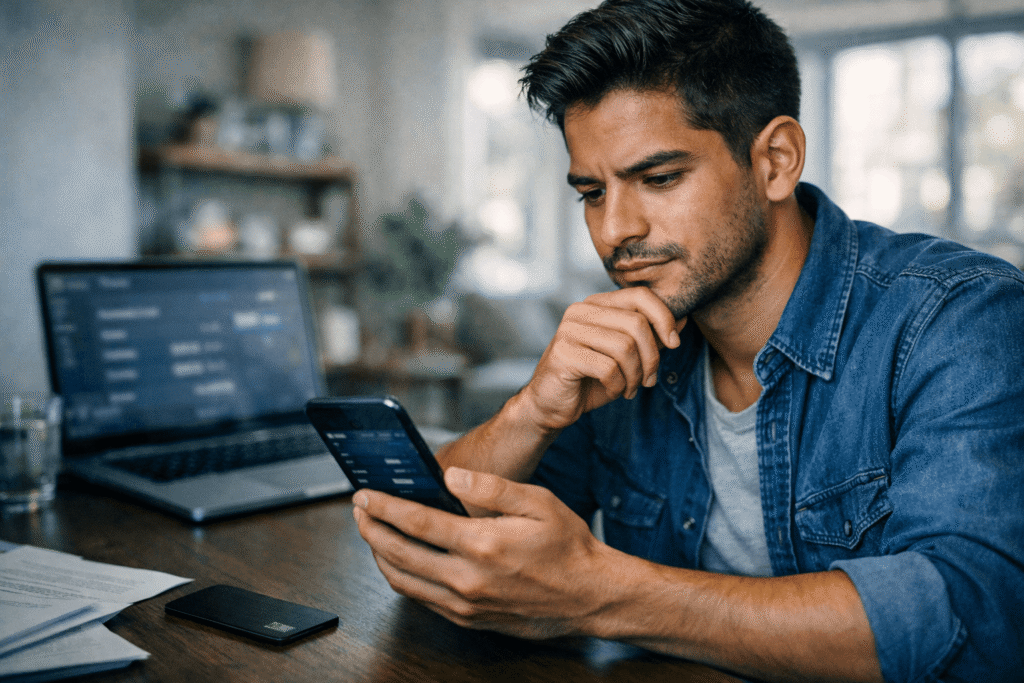 Homme vérifiant l'application Deblock banque plafond sur application bancaire crypto