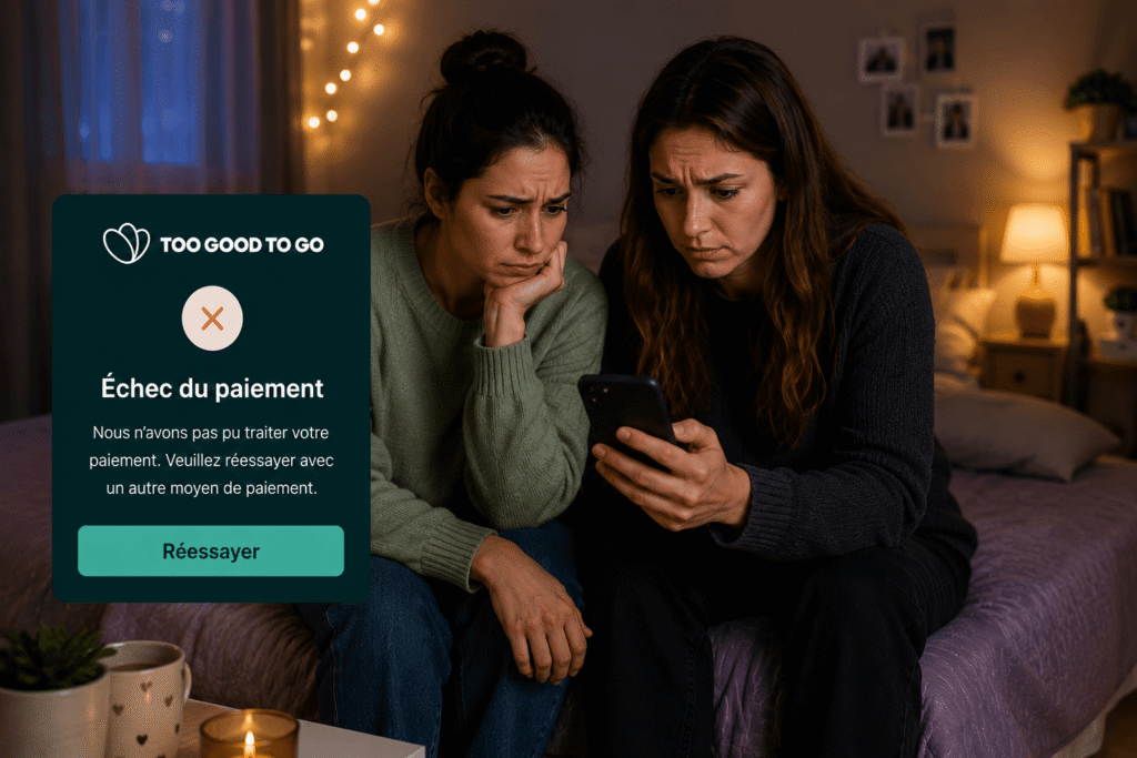 echec paiement too good to go deux femmes sur lit avec smartphone