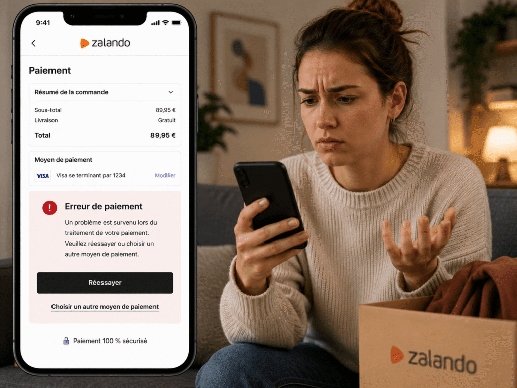erreur paiement zalando​ affichée pendant une tentative de commande sur smartphone