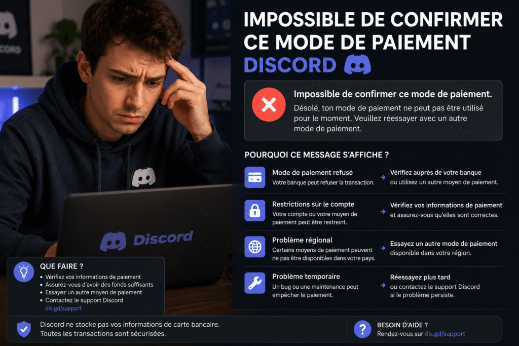 impossible de confirmer ce mode de paiement discord​ avec utilisateur face à un refus de paiement sur ordinateur portable et application Discord ouverte