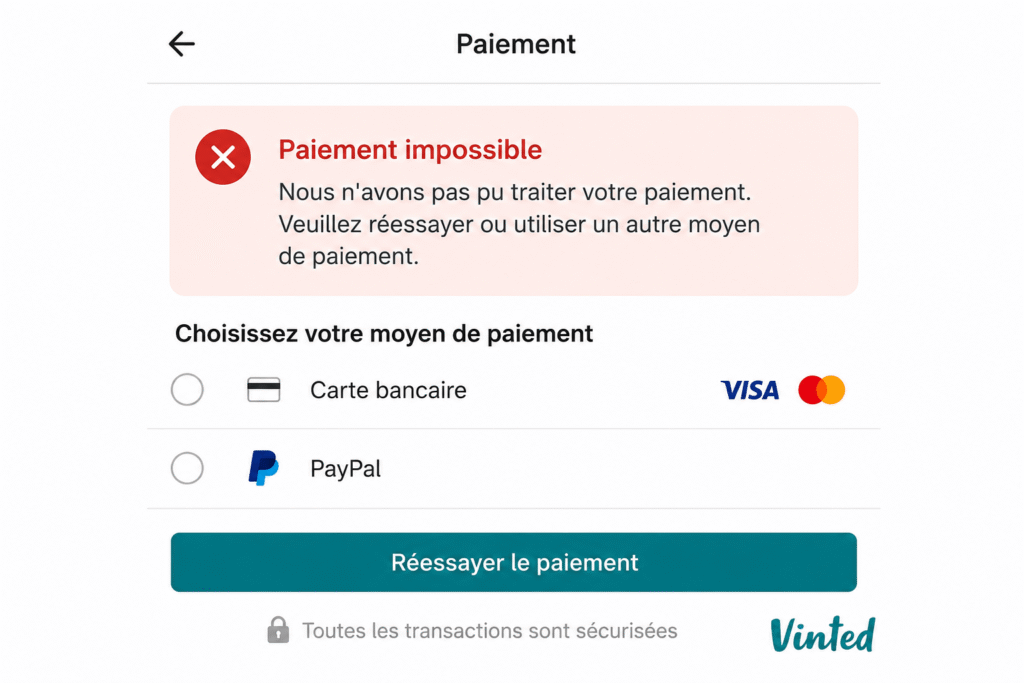 Paiement impossible sur Vinted avec erreur de transaction et carte bancaire refusée