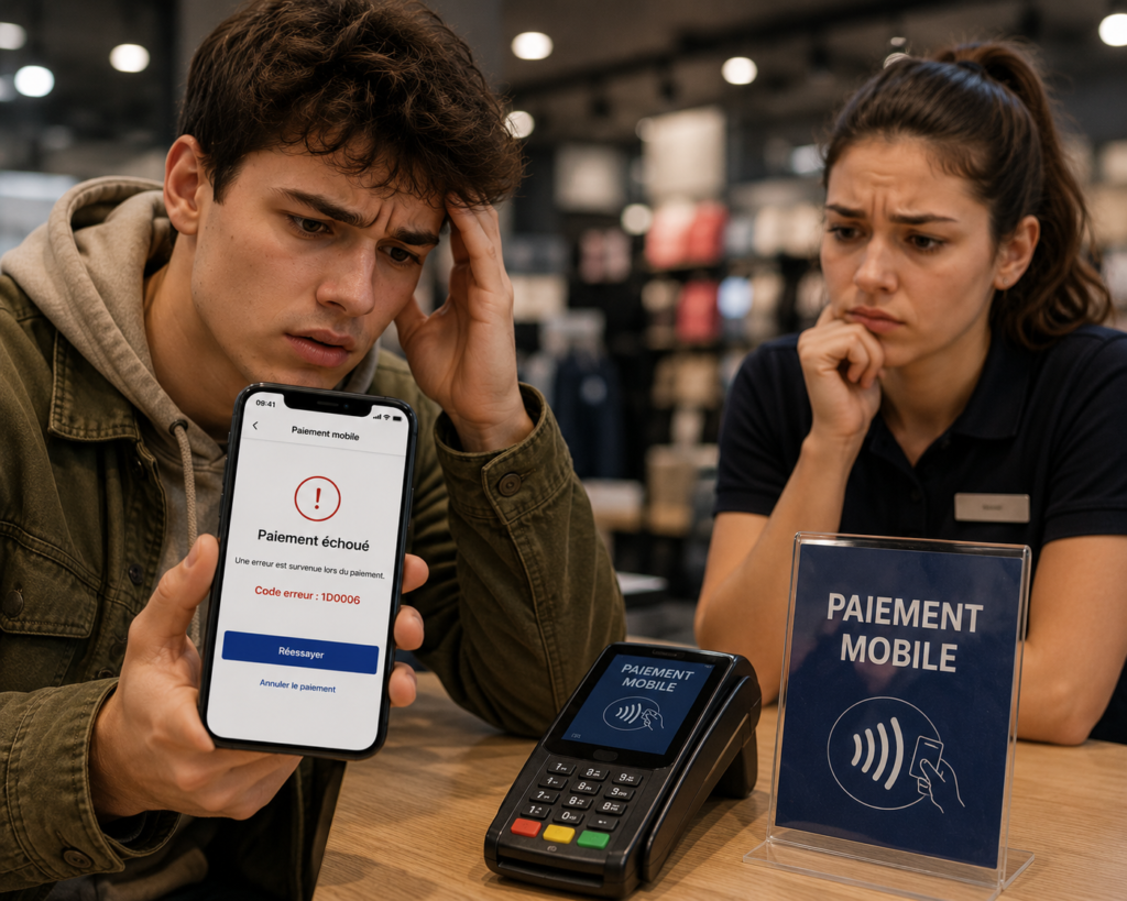 paiement mobile code erreur 1d0006​ affiché sur smartphone pendant un achat en magasin