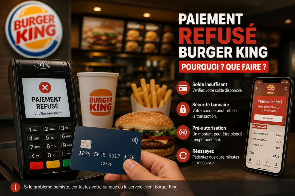 paiement refusé burger king avec commande bloquée et transaction refusée