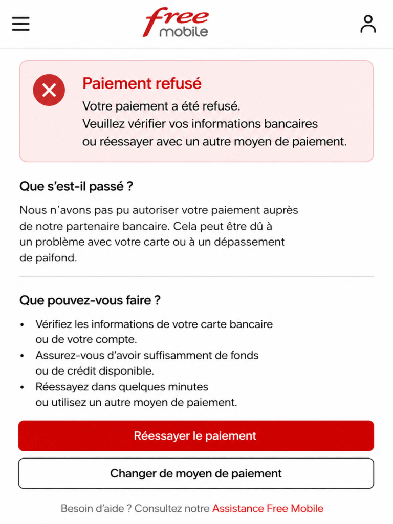 Paiement refusé Free Mobile avec erreur de transaction et carte bancaire bloquée