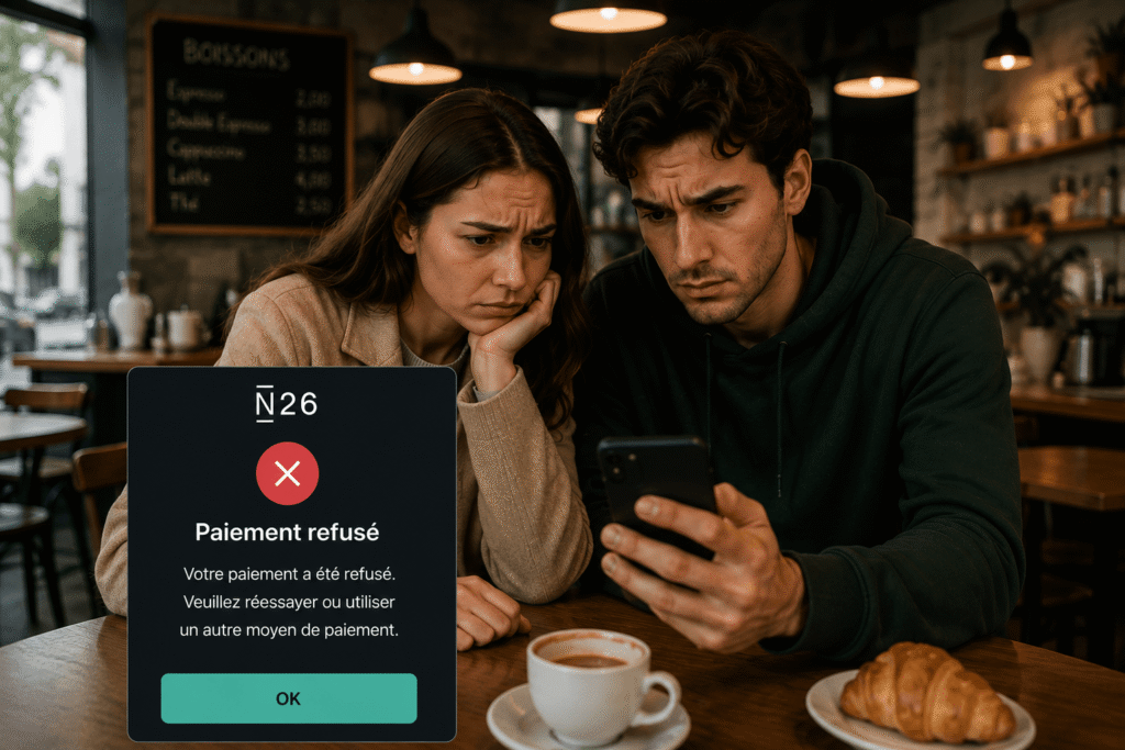 paiement refusé n26 couple inquiet dans un café avec smartphone