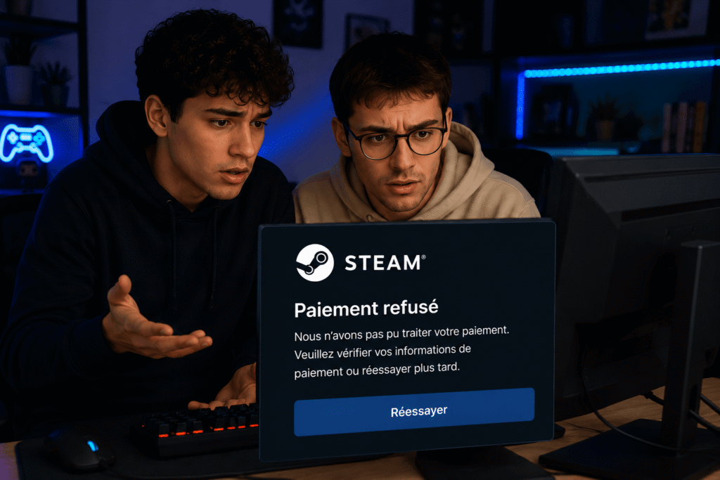 paiement refusé steam deux gamers devant ordinateur