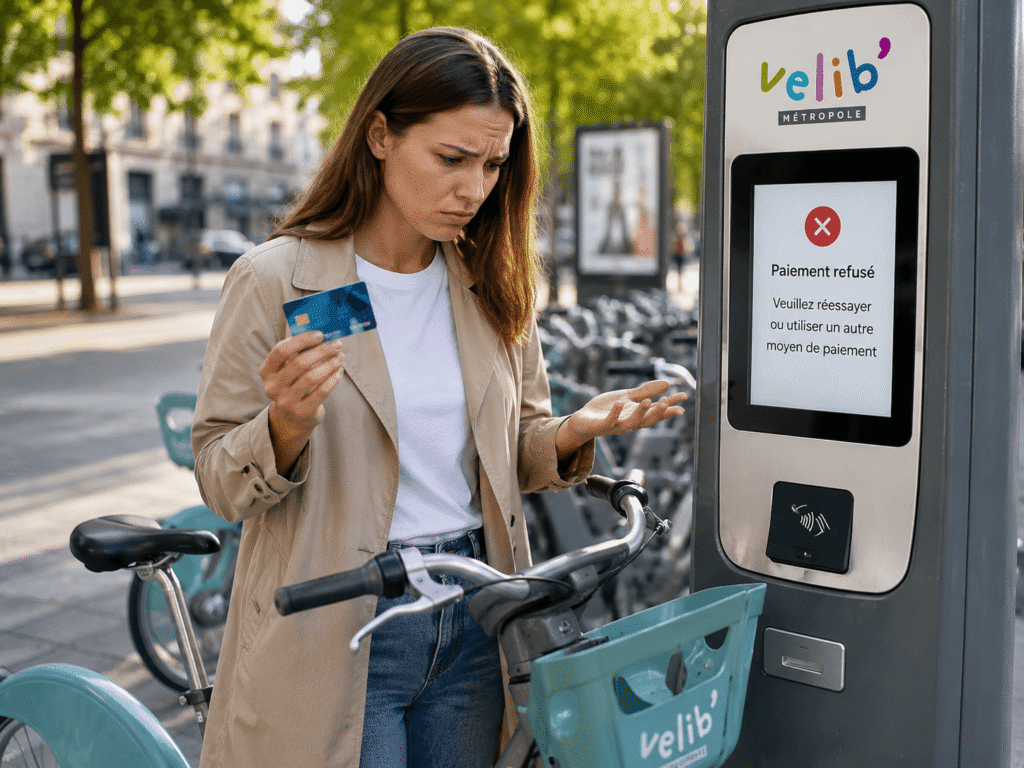 Paiement refusé Vélib avec jeune femme bloquée devant une borne automatique et carte bancaire refusée