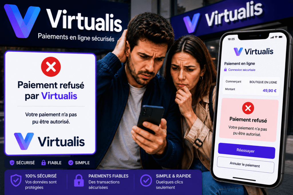 paiement virtualis refusé pendant un achat en ligne avec une carte bancaire virtuelle affichée sur smartphone