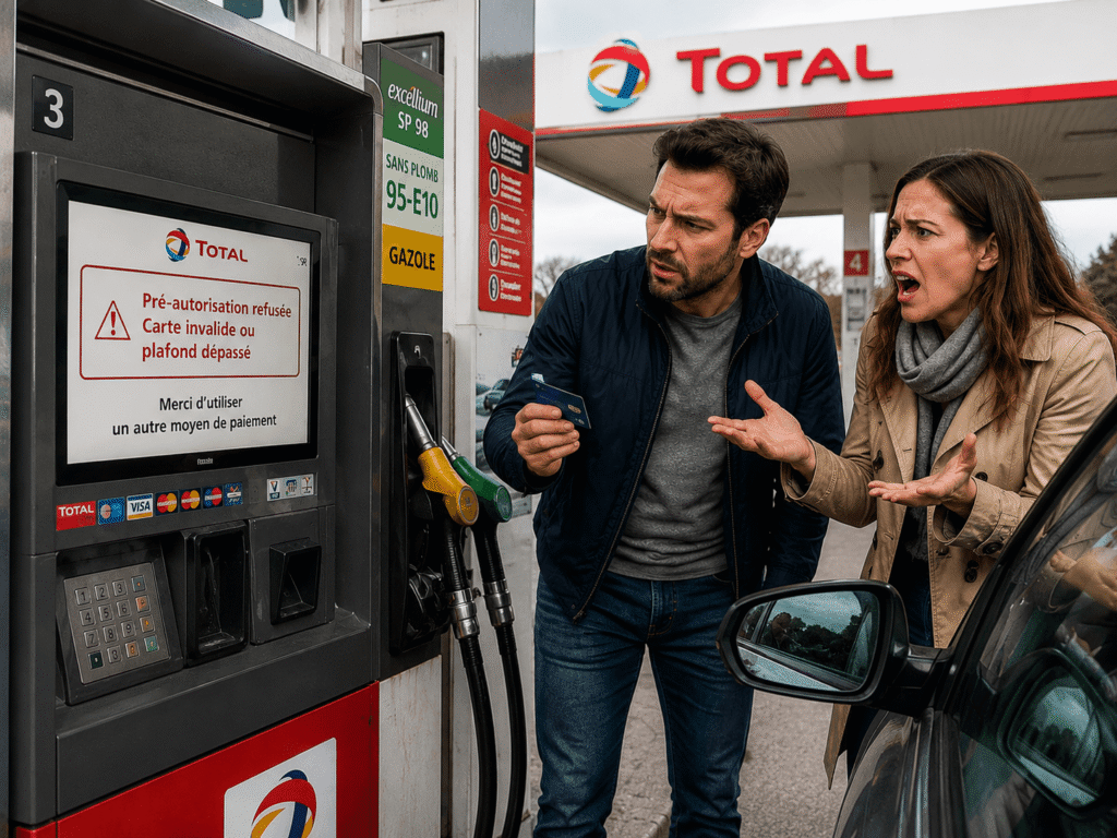 pré autorisation refusée carte total​ avec automobilistes énervés devant la borne de paiement