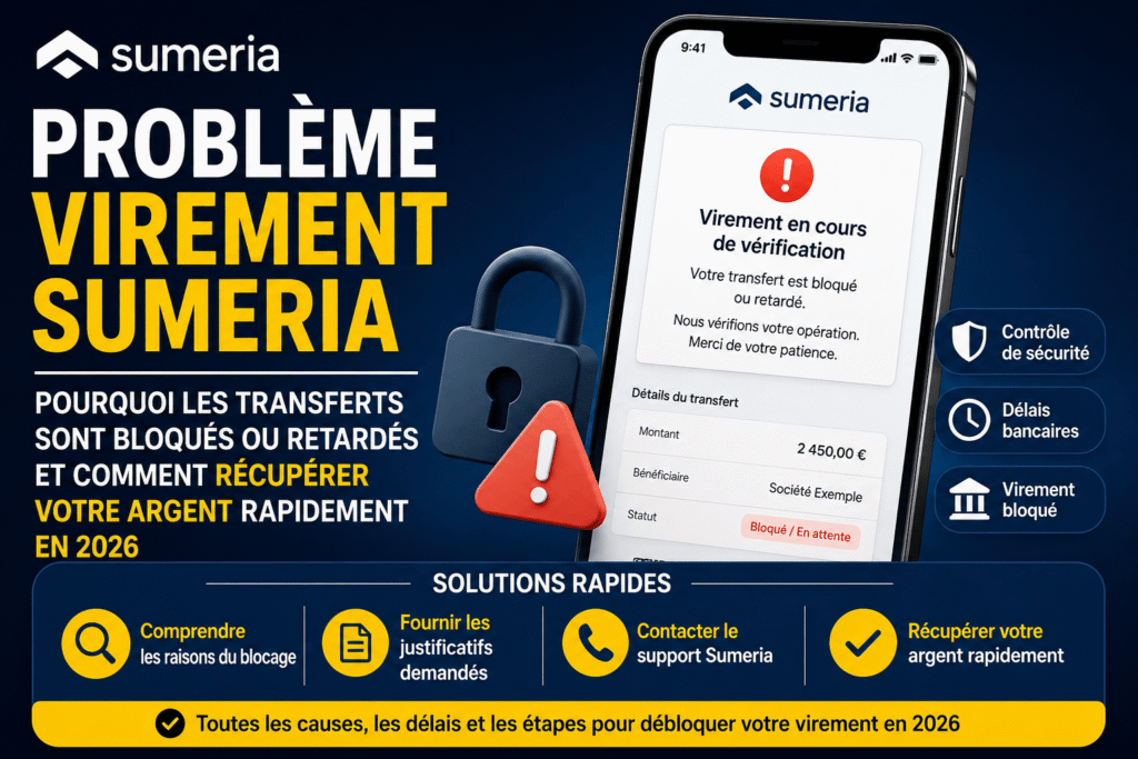 Problème virement Sumeria avec transfert bloqué ou retardé sur application bancaire mobile en 2026 Nom fichier image