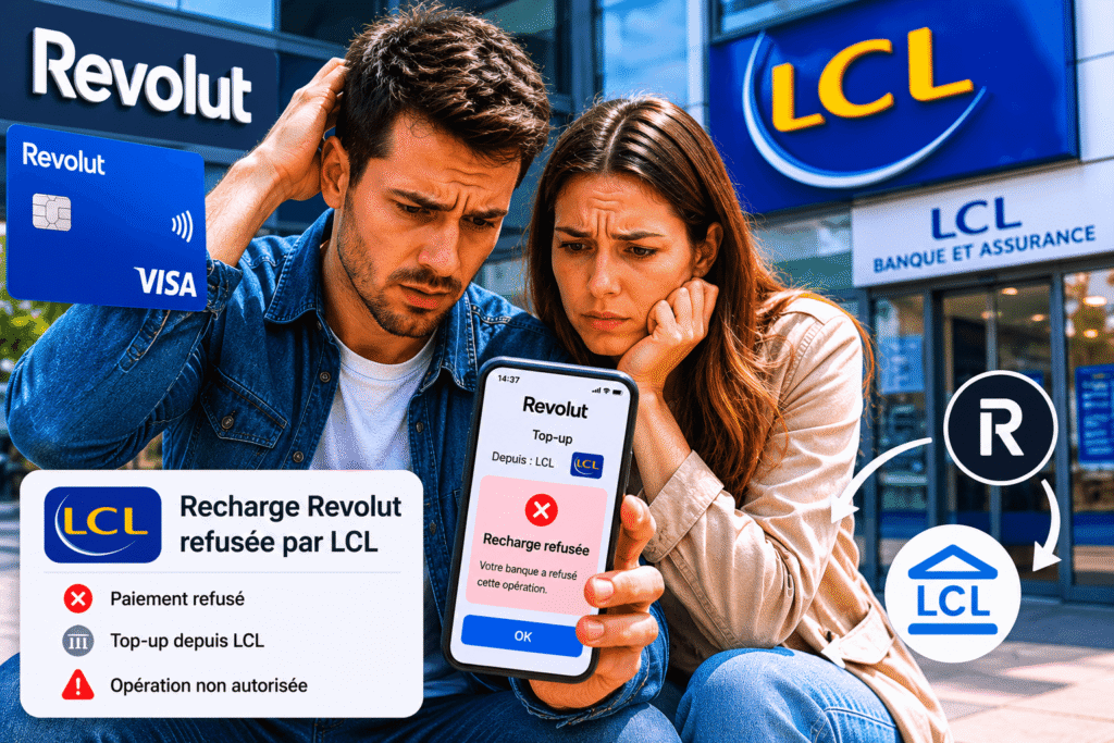 recharge revolut refusée lcl avec un couple devant une banque après un top up Revolut bloqué