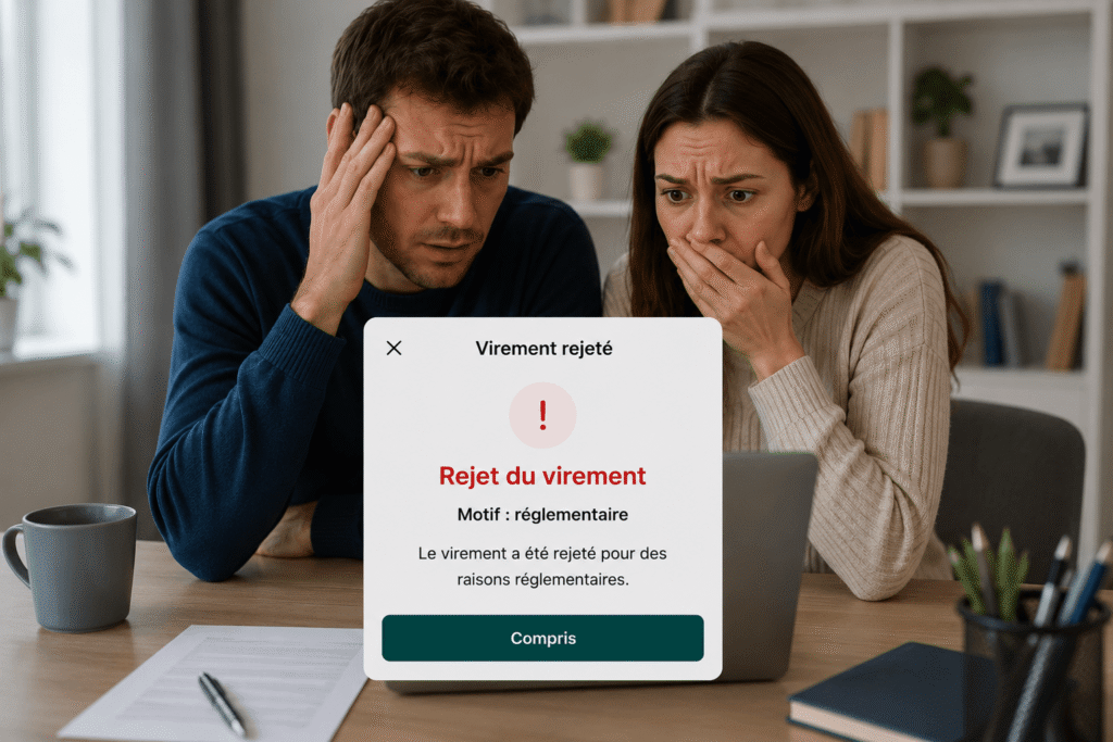 rejet virement motif réglementaire couple devant ordinateur portable