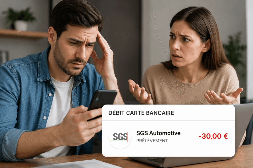 SGS Automotive prélèvement 30 euros affiché sur une application bancaire avec deux utilisateurs inquiets devant un débit inconnu