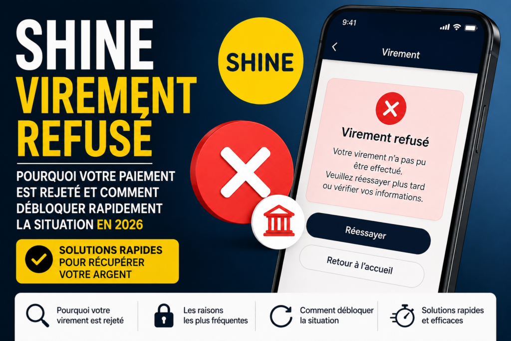 Shine virement refusé avec paiement rejeté sur application bancaire professionnelle en 2026