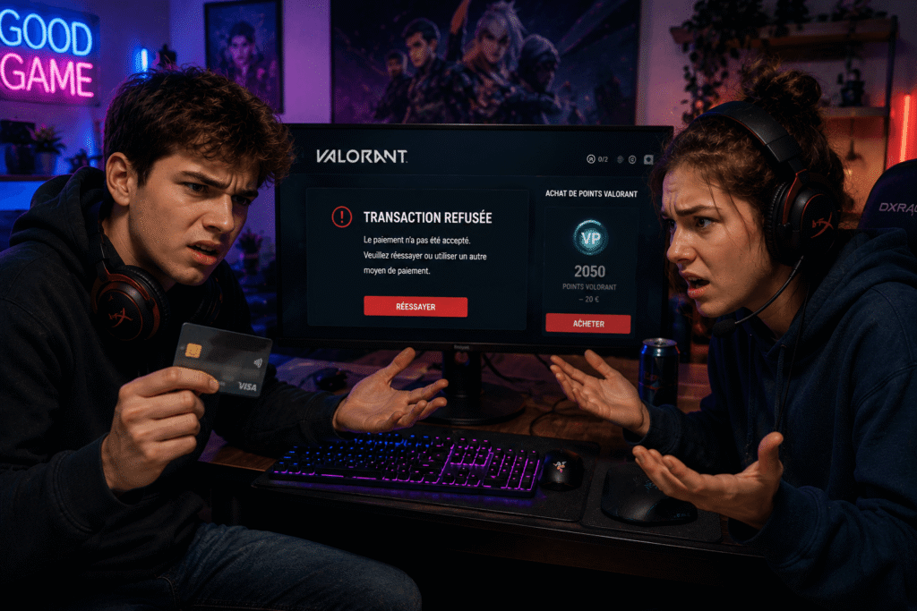 Transaction refusée Valorant avec jeune gamer et joueuse frustrés devant un achat VP refusé