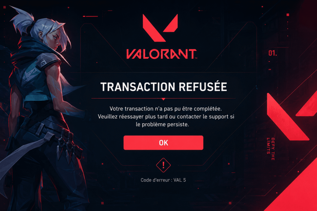 transaction refusée valorant​ pendant un achat de VP avec écran d’erreur rouge