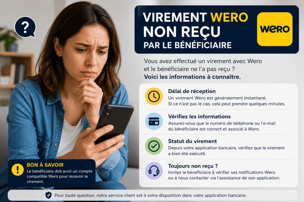 Virement Wero non reçu par le bénéficiaire avec utilisatrice préoccupée vérifiant un transfert d’argent toujours en attente