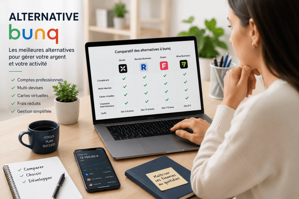 alternative bunq​femme comparant plusieurs solutions bancaires sur ordinateur
