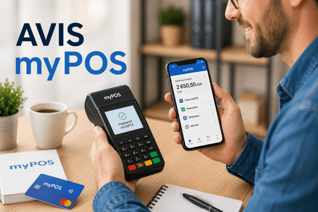 Avis myPOS homme utilisant un terminal de paiement professionnel myPOS