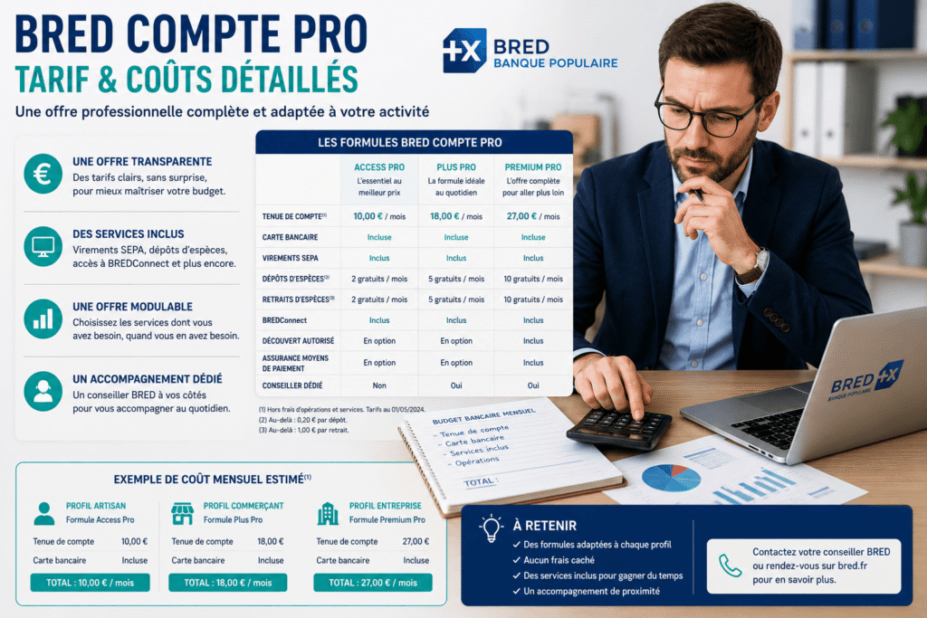 Entrepreneur comparant bred compte pro tarif​ afin de maîtriser ses frais bancaires.