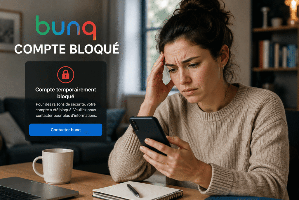 bunq compte bloqué avec une femme inquiète qui consulte une notification de restriction de compte sur son smartphone