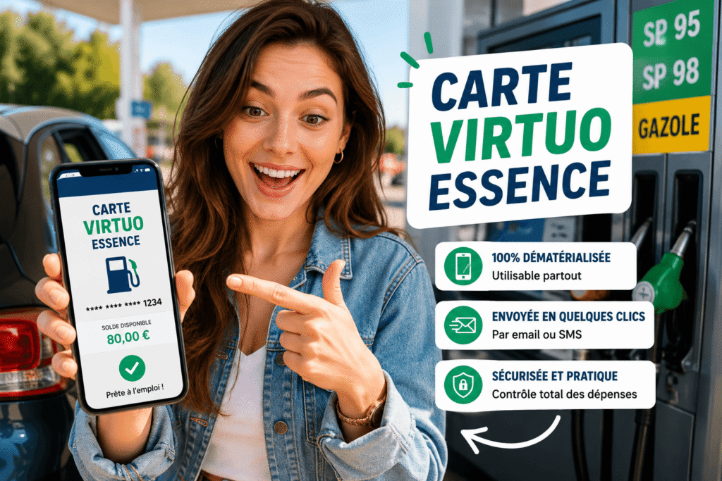 Carte virtuo essence affichée sur un smartphone tenu par une conductrice devant une station-service