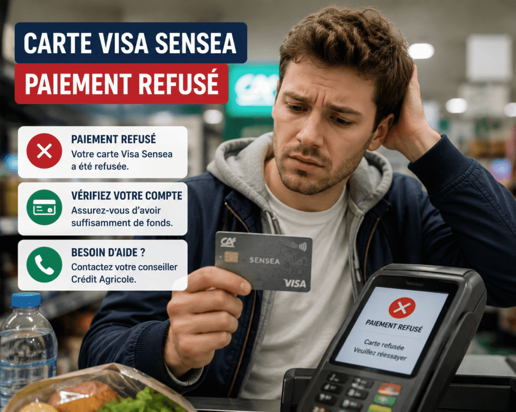 carte visa sensea paiement refusé​ avec une femme confrontée à un refus de paiement en caisse