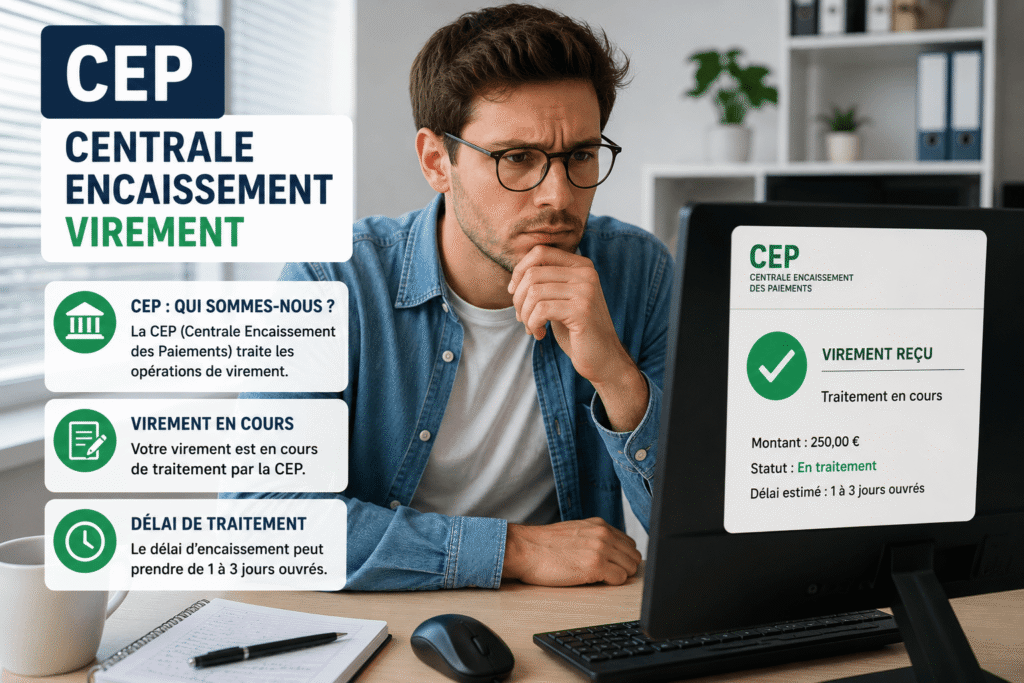 cep centrale encaissement virement​ avec un homme analysant un versement sur son ordinateur de bureau