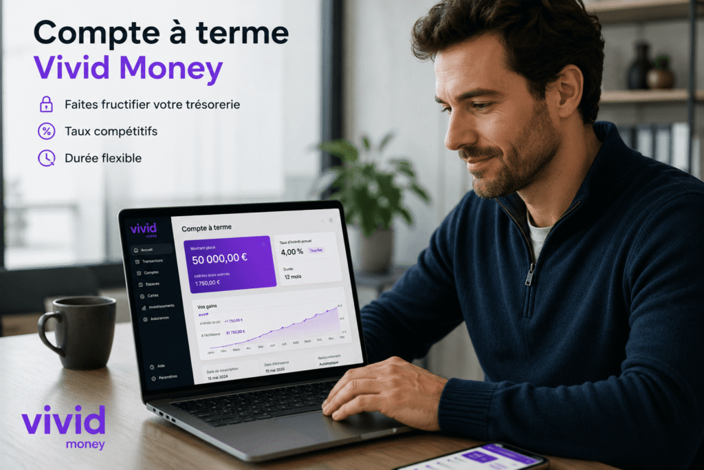 compte a terme vivid money avec un dirigeant qui analyse le rendement de sa trésorerie professionnelle sur une plateforme financière
