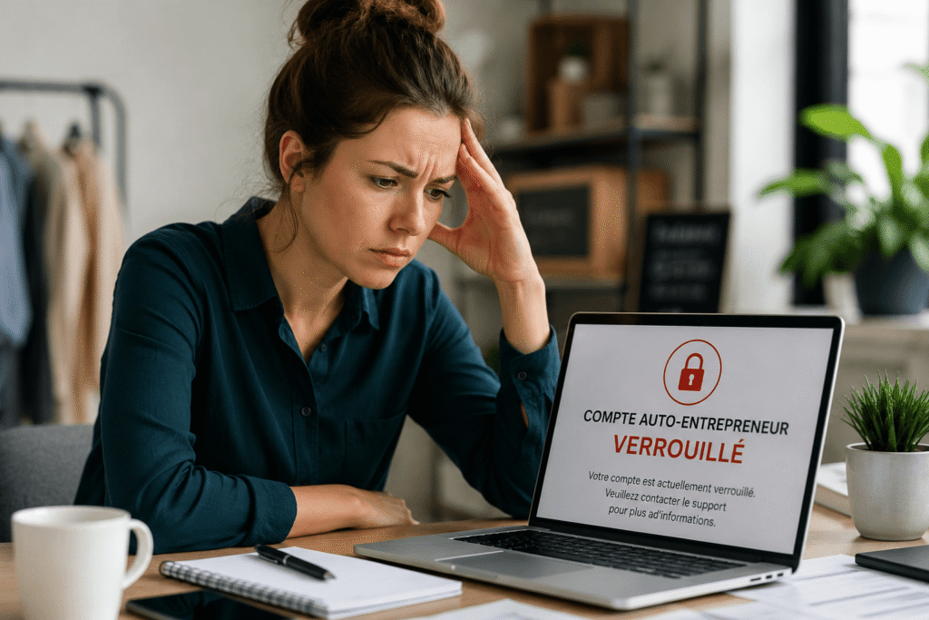 Compte auto entrepreneur verrouillé avec femme préoccupée devant un ordinateur affichant un accès refusé à son espace auto entrepreneur