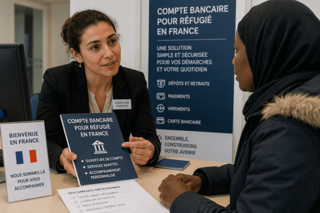 Une conseillère bancaire accompagne une cliente lors d'une démarche compte bancaire pour refugie en france