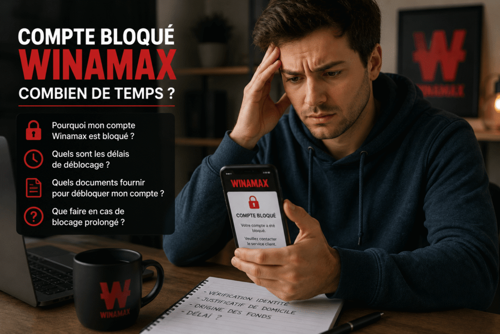 Compte bloqué Winamax combien de temps homme inquiet consultant son smartphone après un blocage de compte