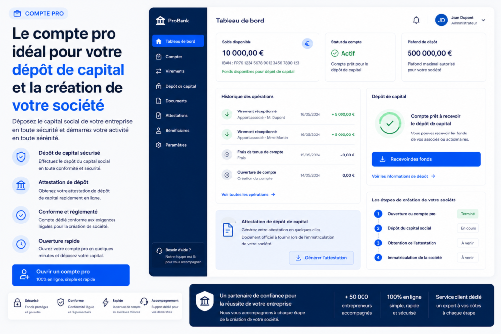 compte pro dépôt de capital pour créer une société et déposer le capital social correctement