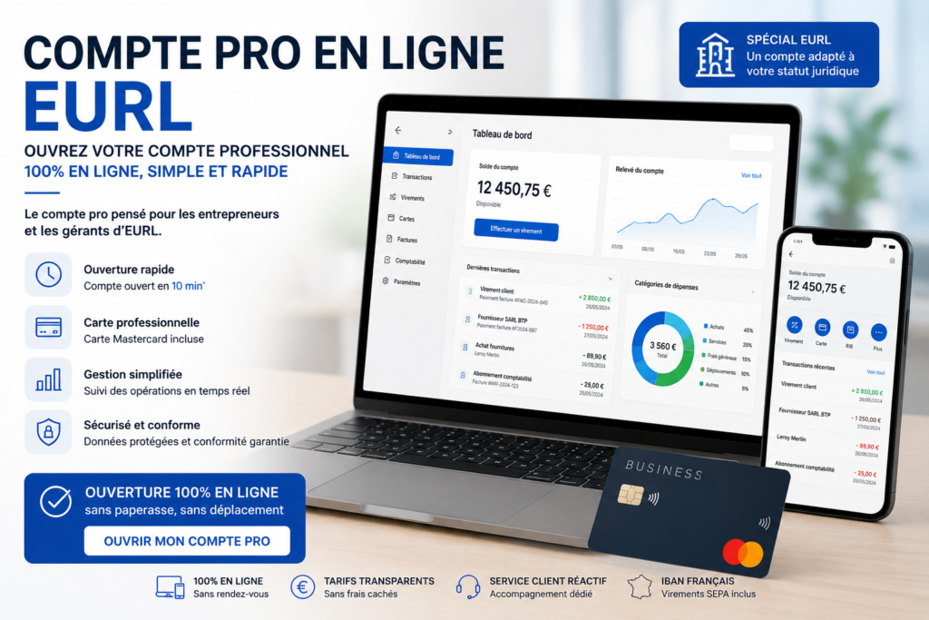 compte pro en ligne eurl entrepreneur utilisant un compte professionnel numérique sur ordinateur portable