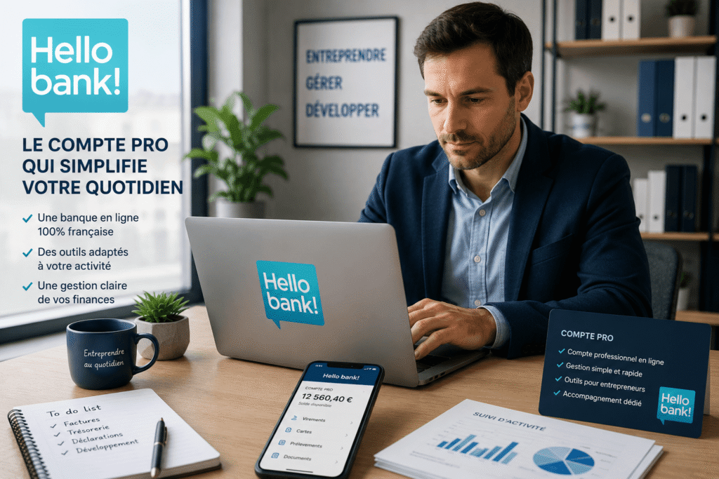 hello bank compte pro entrepreneur travaillant sur son espace bancaire professionnel