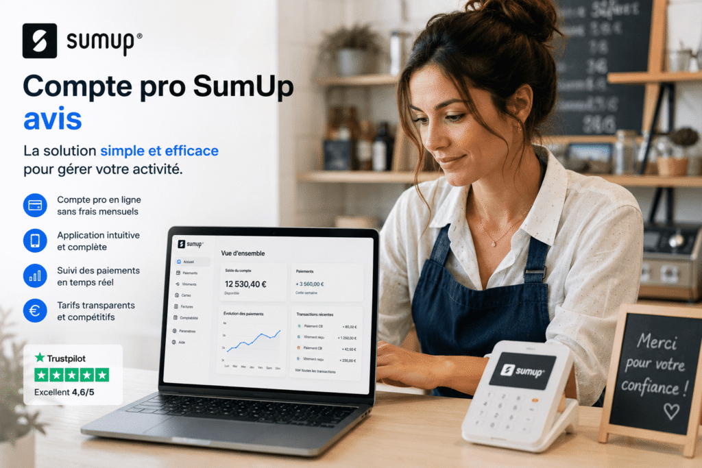 compte pro sumup avis avec une commerçante qui suit ses encaissements professionnels et utilise un terminal de paiement dans son activité