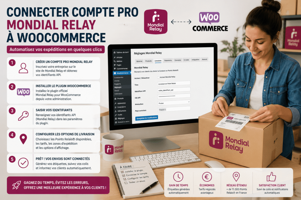 connecter compte pro mondial relay a woocommerce E-commerçante configurant mondial relay a woocommerce pour automatiser ses expéditions.