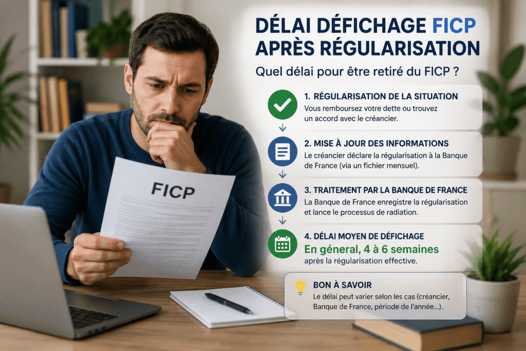 délai défichage ficp après régularisation affiché sur un écran bancaire avec utilisateur consultant son dossier