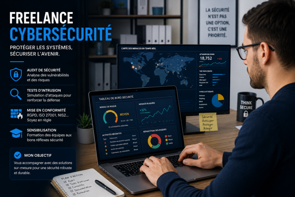 freelance cybersécurité qui analyse et protège les systèmes informatiques des entreprises.