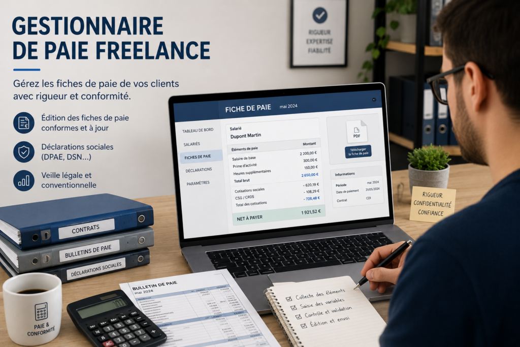 gestionnaire de paie freelance​ pour gérer les bulletins de salaire et les déclarations sociales.