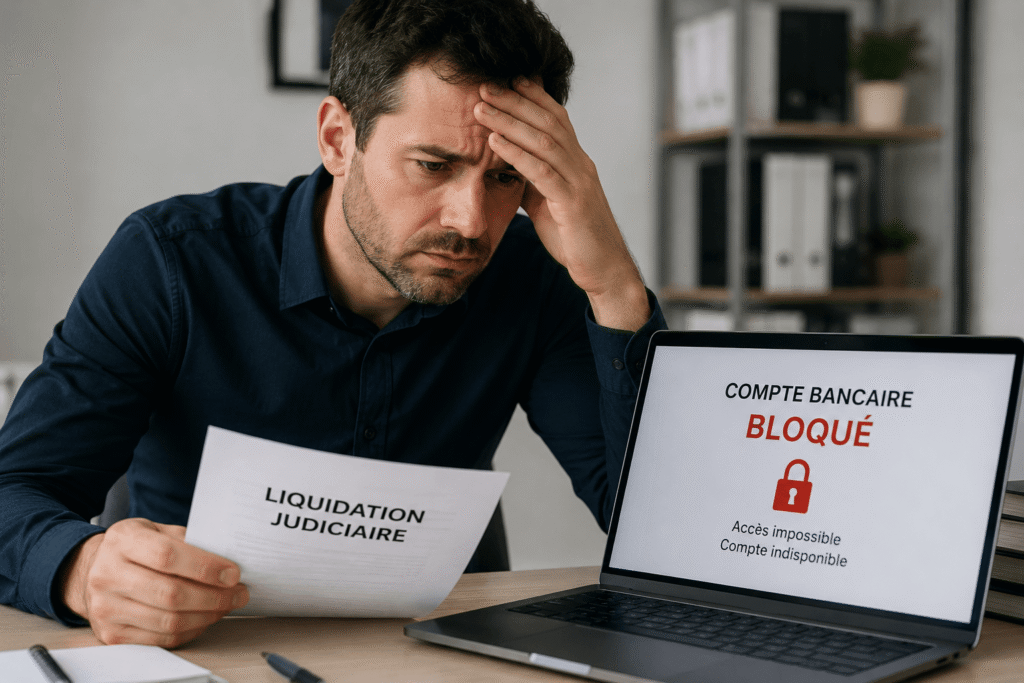 Liquidation judiciaire compte bancaire bloqué avec homme inquiet découvrant le blocage de son compte bancaire après une procédure de liquidation judiciaire