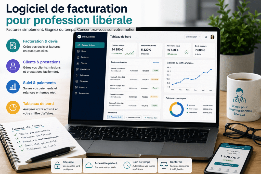 Logiciel facturation profession libérale pour créer des devis, factures et suivre les règlements