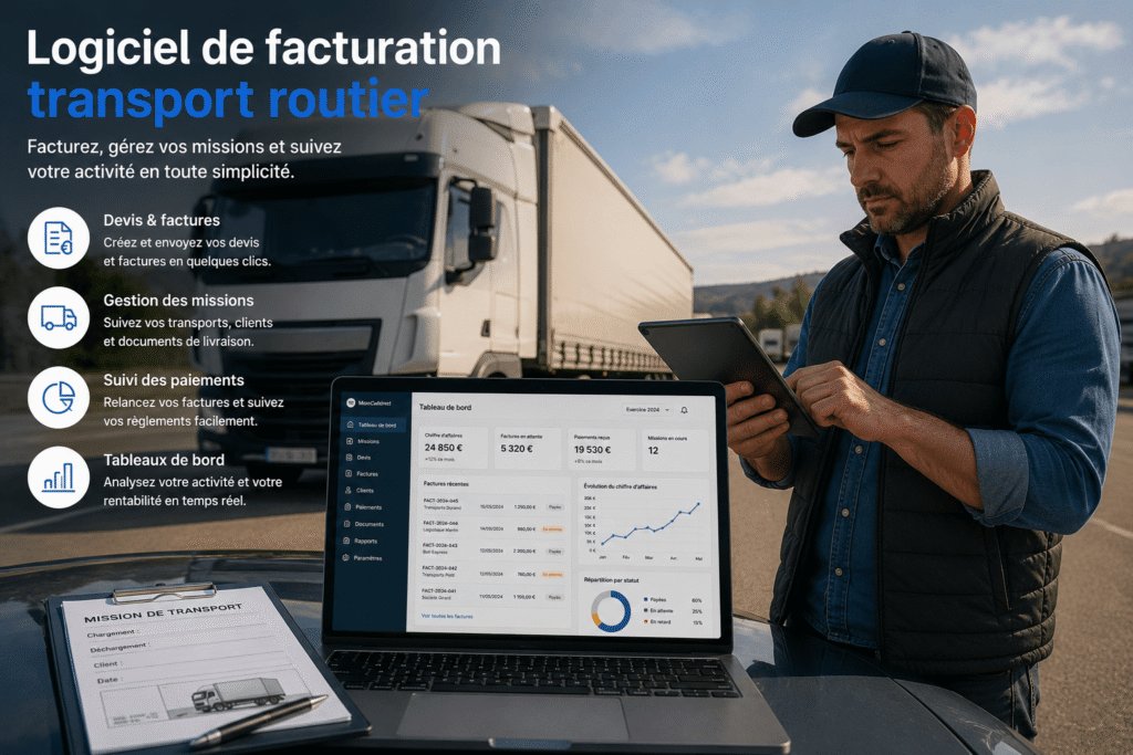 Logiciel de facturation transport routier pour gérer les missions, clients et factures