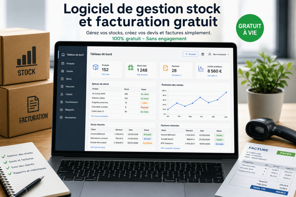 logiciel de gestion de stock et facturation gratuit pour gérer les stocks, devis et factures