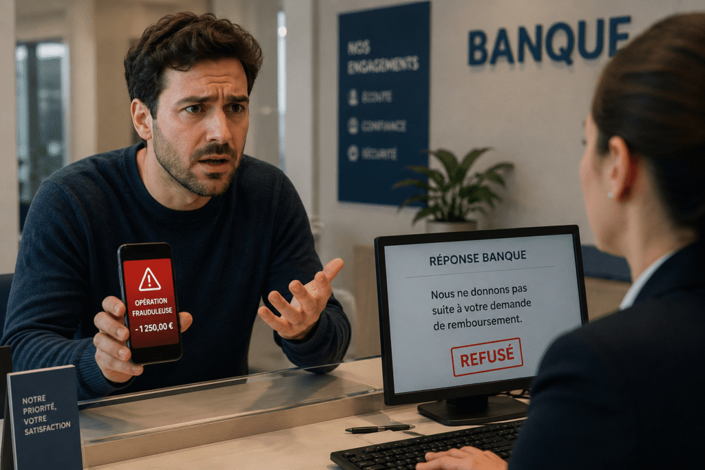 Une personne inquiète consulte son téléphone après une fraude en ligne dans le cadre de ma banque refuse de me rembourser phishing.