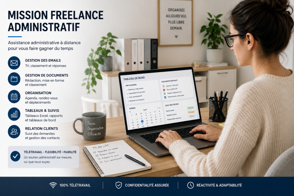 mission freelance administratif télétravail réalisée depuis un bureau à domicile équipé.